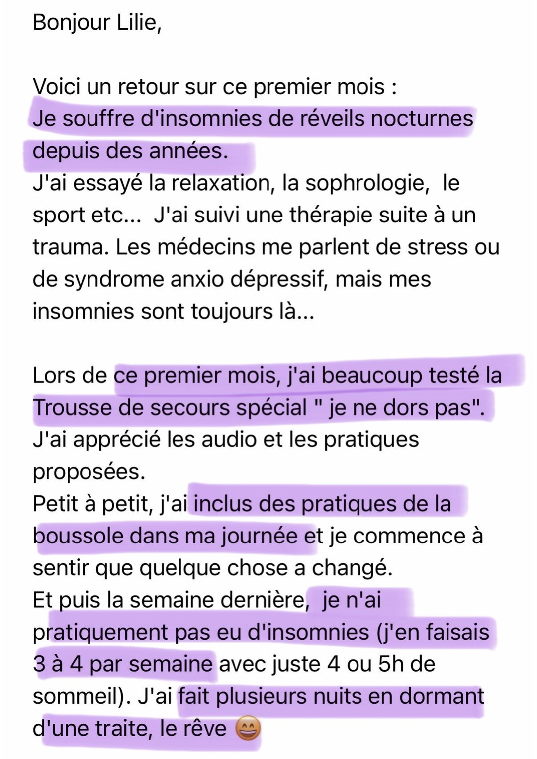Témoignage d'une membre sur La Boussole Zéro Anxiété : « J'ai fait plusieurs nuits en dormant d'une traite, le rêve »
